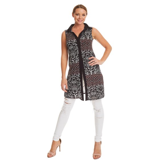 WT1395 Womens Printed Sleeveless Button Blouse Top S Red_Black