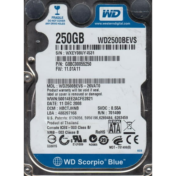 WD2500BEVS-26VAT0, DCM HBCTJHNB, Western Digital 250GB SATA 2.5 Hard Drive