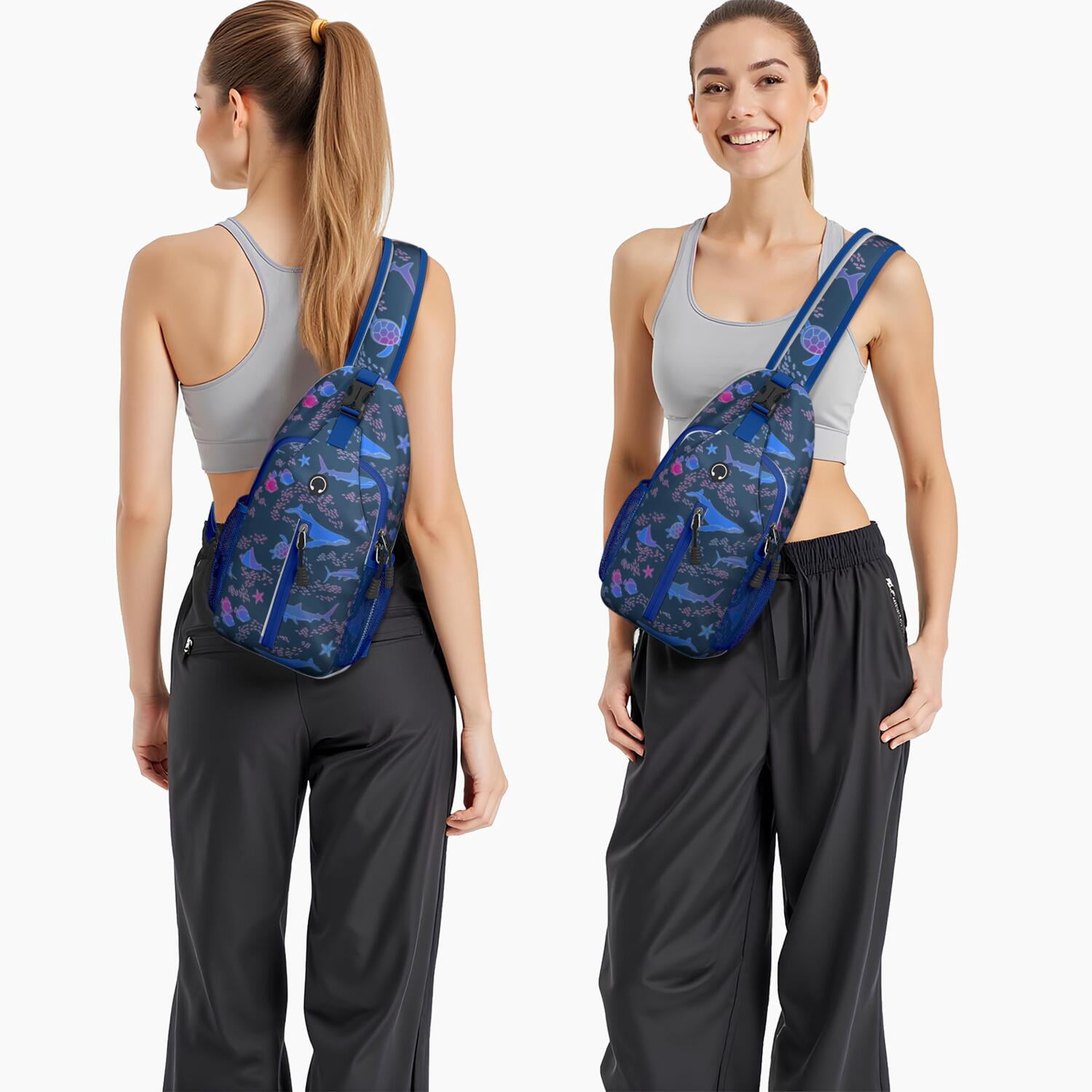 Crossbody Sling Backpack for Women Men Ocean Life Whale Seastar Fish Turtle Shoulder Sling Crossbody Casual Chest Bag for Travel Sports Running Hiking