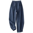 thumbnail image 5 of Women's Wide Leg Linen Balloon Pants Drawstring Elastic Waist Pants with Pleated Pockets Casual Flowy Summer Work Pants Navy, 5 of 9