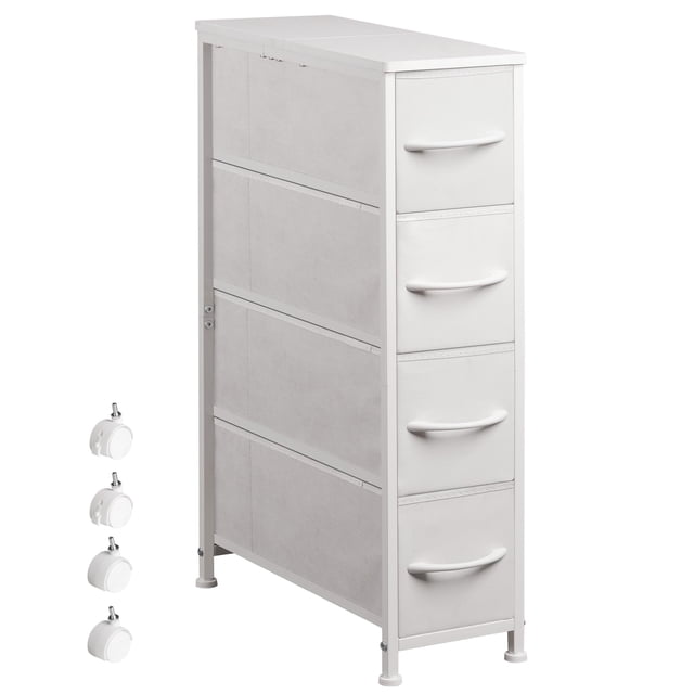 tocador, torre de almacenaje estrecha con 4 cajones, blanco,limpiar — torre vertical blanca con 4 cajones de tela plegable y marco de acero; vista frontal 3/4, tapa superior de MDF blanca, tiradores de plástico curvados y pies ajustables; incluye 4 ruedas desmontables y accesorios antivuelco; cada cajón soporta hasta 10 lb, ideal para recámara, clóset o cuarto de lavado; a menudo usado también para organizar textiles pequeños y accesorios de cuidado personal.