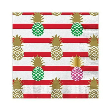 Christian Brands 10-05580-128 5 in. Foil Beverage Napkins with Red Striped Background Design Multi Colored Pineapple Pattern - Pack of 12