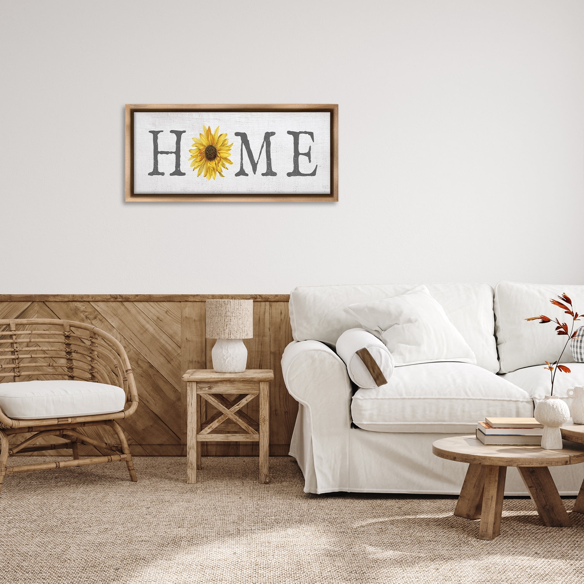 Stupell Industries Rustic Home Text with Sunflower Typography Painting Brown Floater Framed Canvas Art Print Wall Art, 31 x 14