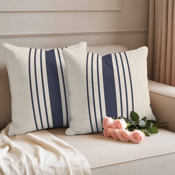 Outdoor Waterproof Throw Pillow Cover Modern Navy Blue White Stripe Decorative Pillow Covers 16x16inch Set of 2 Pillows Case, Retro Linen Texture Cushion Cases for Sofa Couch Patio Garden