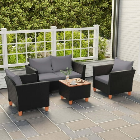 Costway 4 PCS Wicker Patio Furniture Set with Removable Cushions Storage Coffee Table - Gray,Black