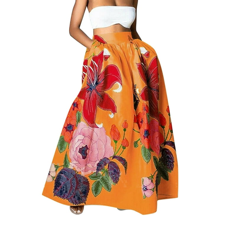 Orange Skirts for Women Floral Print Skirt High Waist Party Beach Pocket Long Maxi Skirt Maxi Skirt