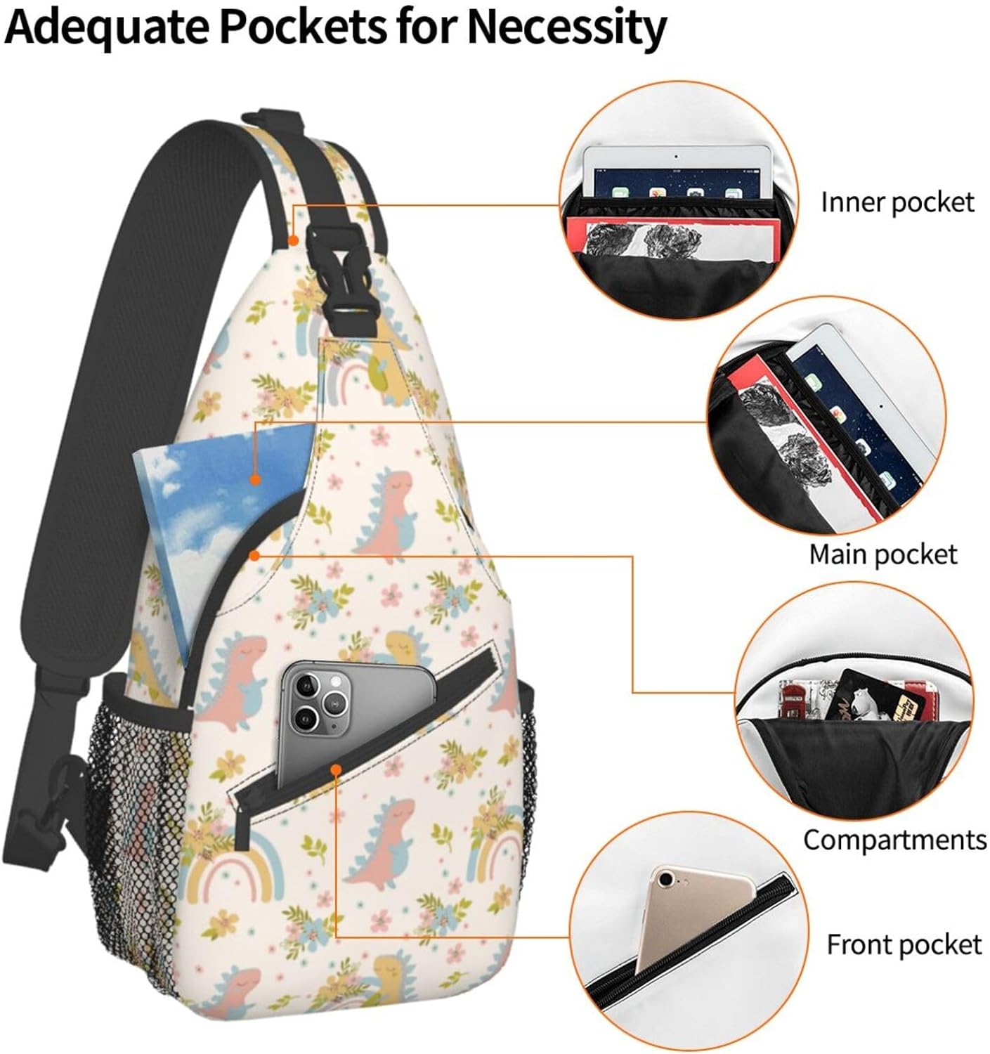 Dino Dreams Boho Rainbows Flower Sling Bag Crossbody Hiking Travel Chest Bags Backpack Shoulder Daypack for Women Men