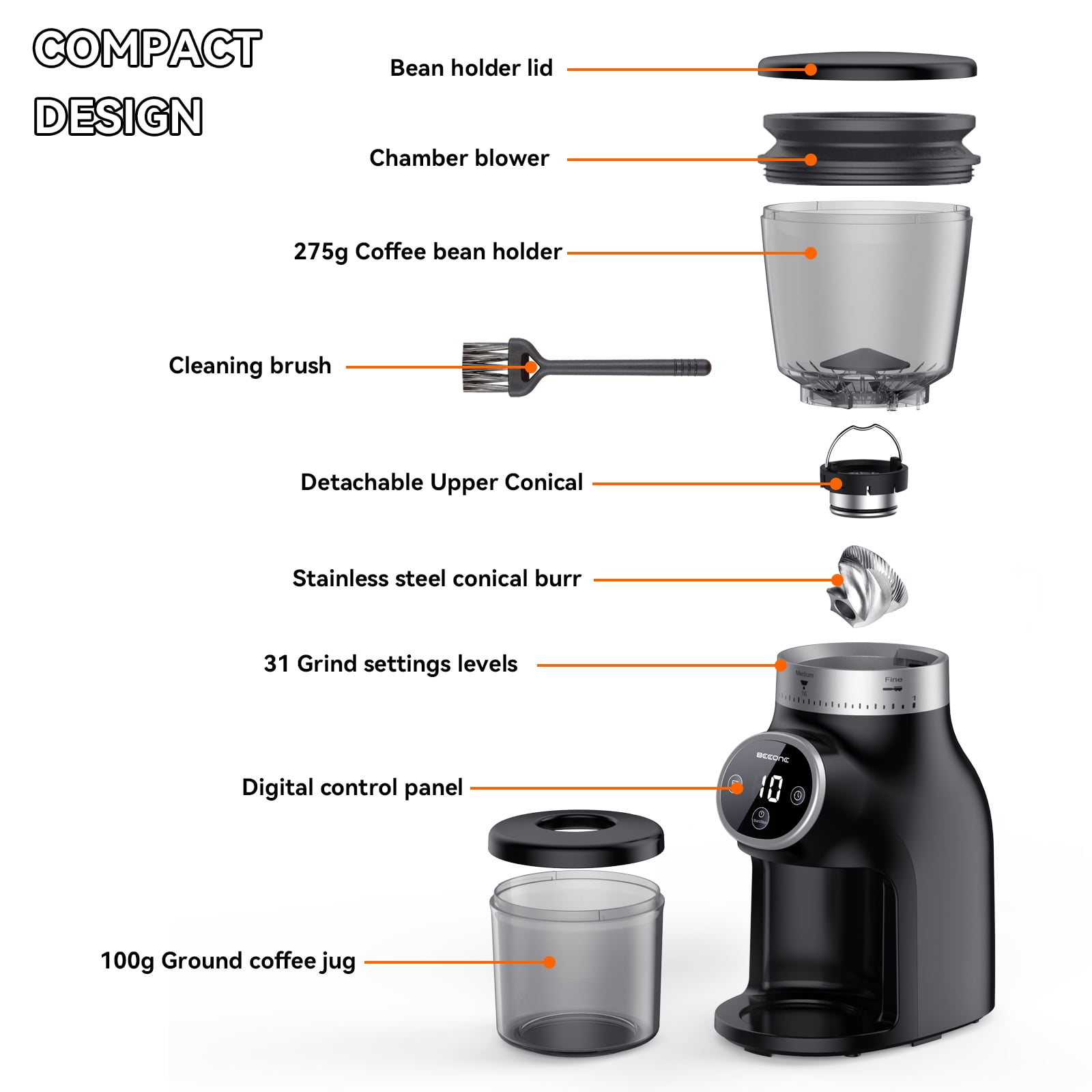 Conical Burr Coffee Bean Grinder with Precision Timer , Espresso Grinder with 31 Precise Settings for Home Use , Coffee Bean Grinder Electric with Touchscreen , Countdown Display, Black