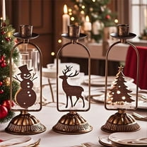 Christmas Vintage Iron Candle Holder Brass Gold Candle Stick Holders Festive Iron Candle Tray With Unique Gold Tree,Reindeer & Snowman Design for Wedding Table Centerpiece Home Decoration