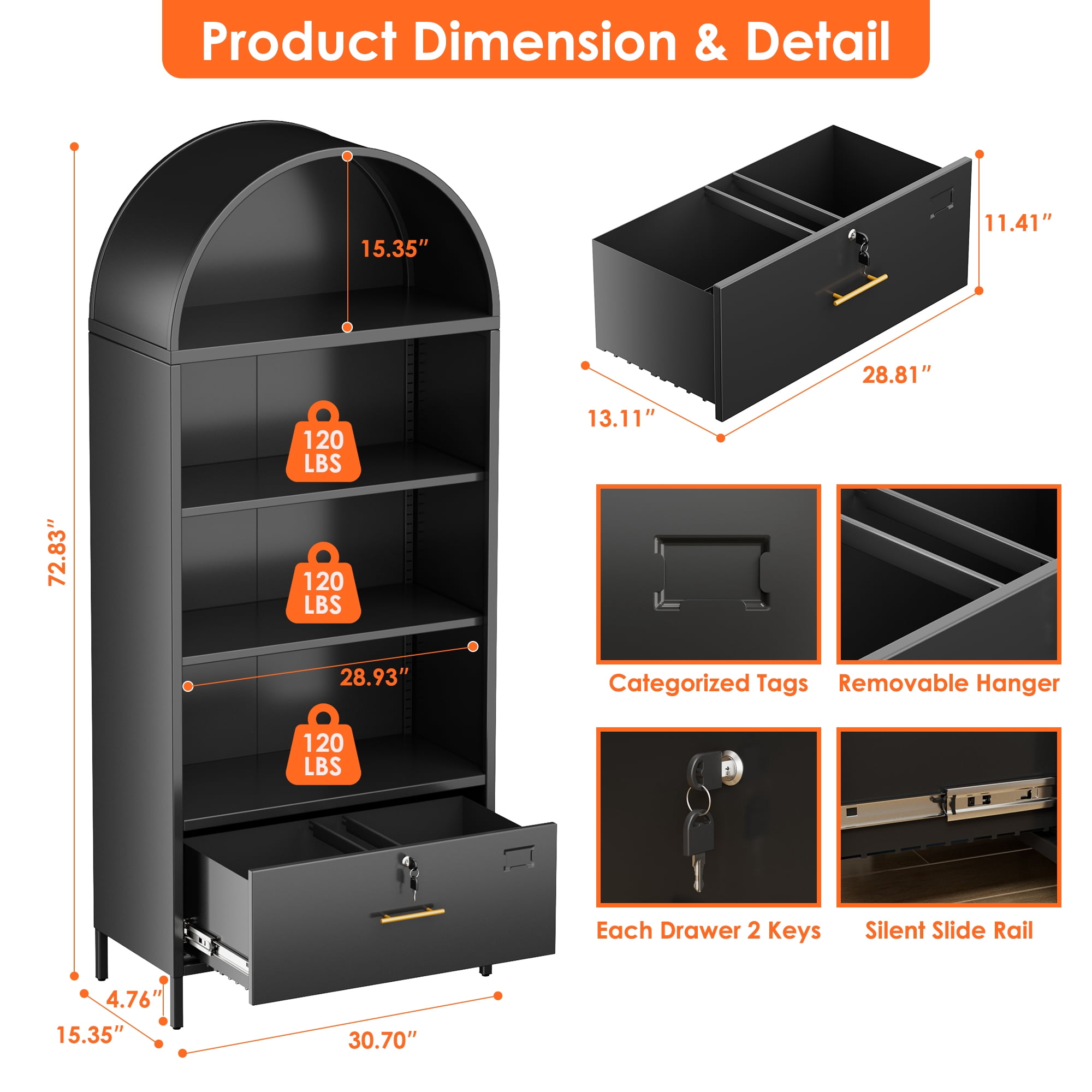 Aobabo Metal Arched Bookshelf Cabinet with Lockable Drawers,Arch Display Bookcase File Cabinet with Shelves for Home Office Living Room Black,Assembly Required