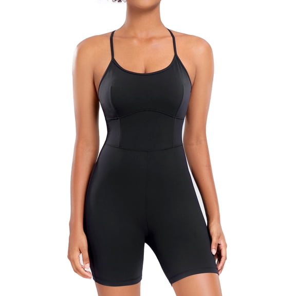 AGONVIN Women's Workout Spaghetti Strap Rompers Shorts Tummy Control One Piece Jumpsuit Black S