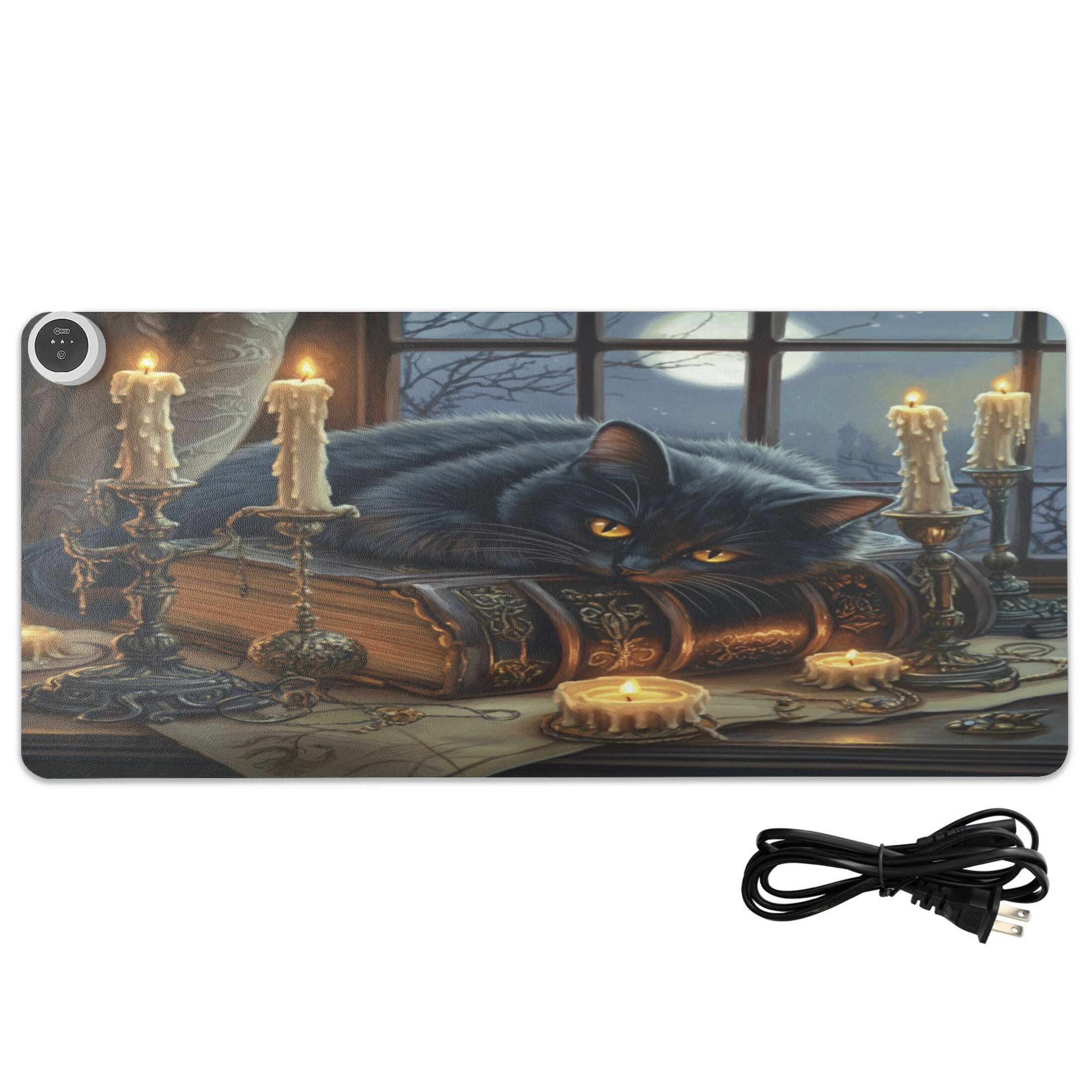 Wobogo Fluffy Black Cat Heated Mouse Pad Extra-Large Desk Mat With 3 Heating Levels and 3-hour Auto Shut-Off Protection Ideal for Computer Keyboards Home Office Hand-warming Essential 31.5in × 13in