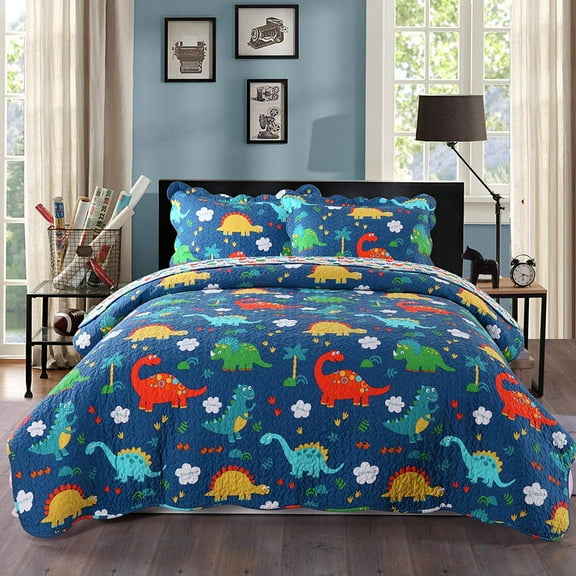 100% Cotton 3 Piece Kids Quilt Bedspread Comforter Set Throw Blanket for Teens Boys Girls Kids Beds Bedding Coverlet, Cartoon Dinosaur