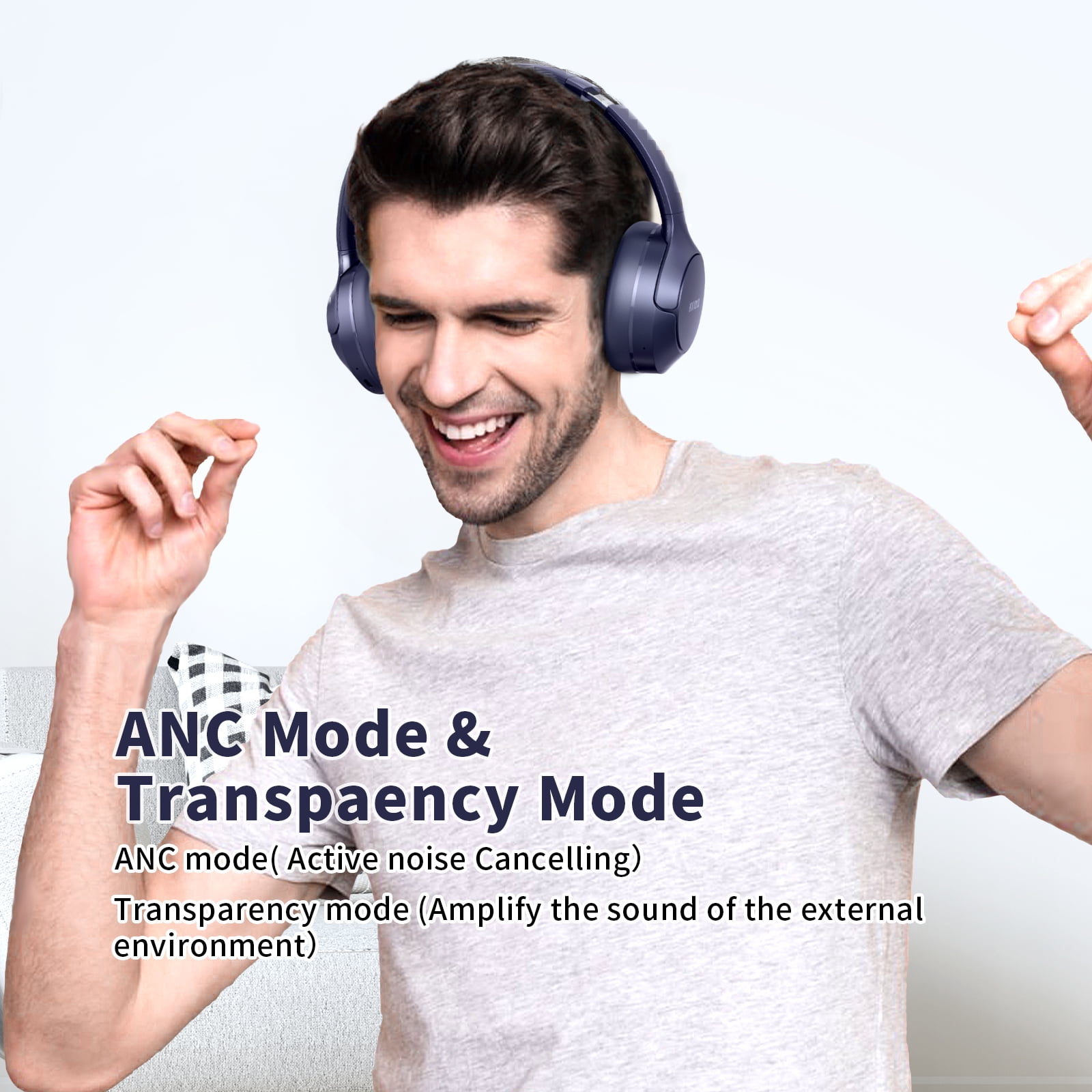 KVIDIO Active Noise Cancelling Headphones with Microphone, Deep Bass, 70H Running Time - Blue