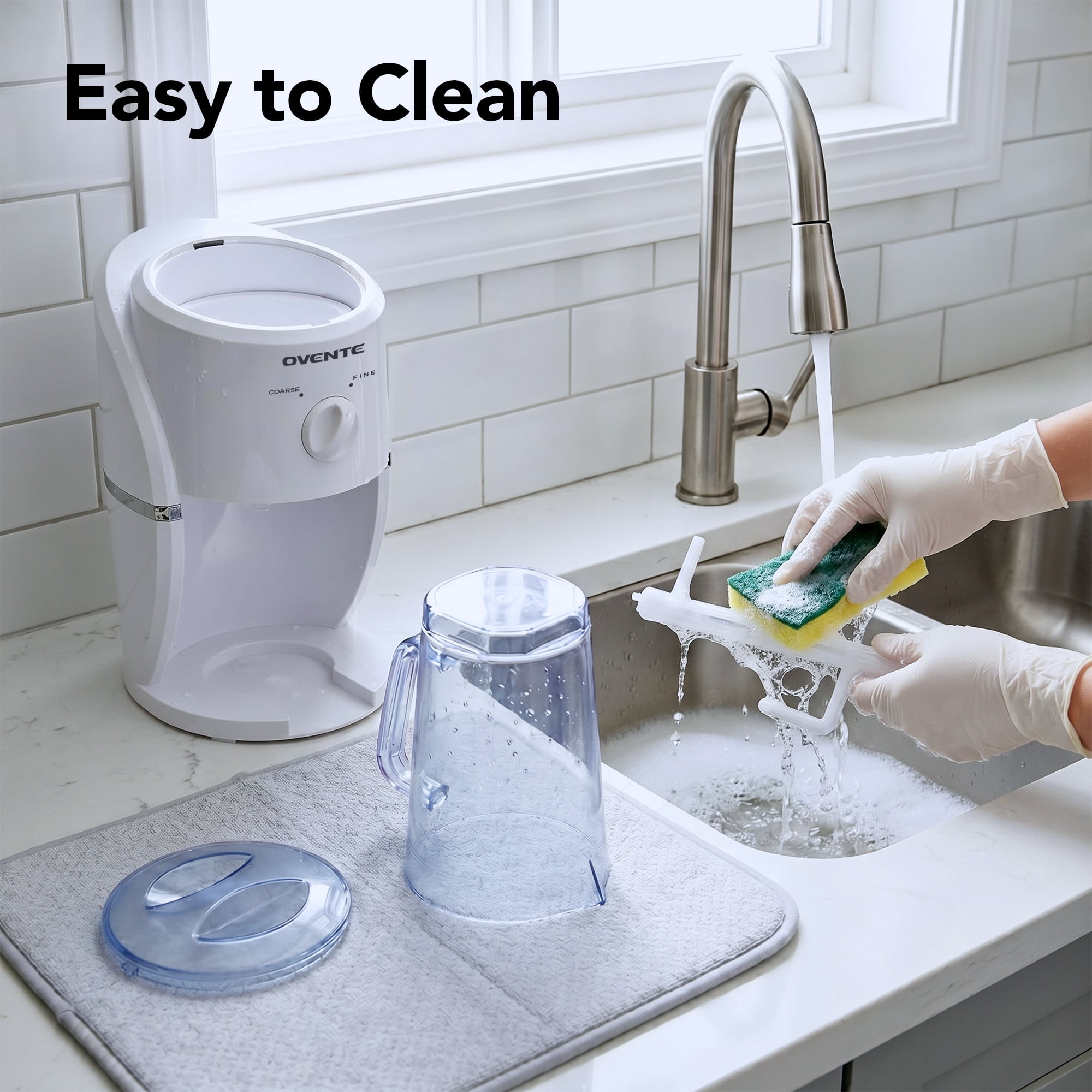 OVENTE Electric Shaved Ice Machine, 2 Shaving Settings, 45W, White ICR2037W | With Blending Jar/Serving Pitcher, Easy-to-Use Slushy & Snow Cone Maker for Homemade Treats, Frozen Cocktails & More