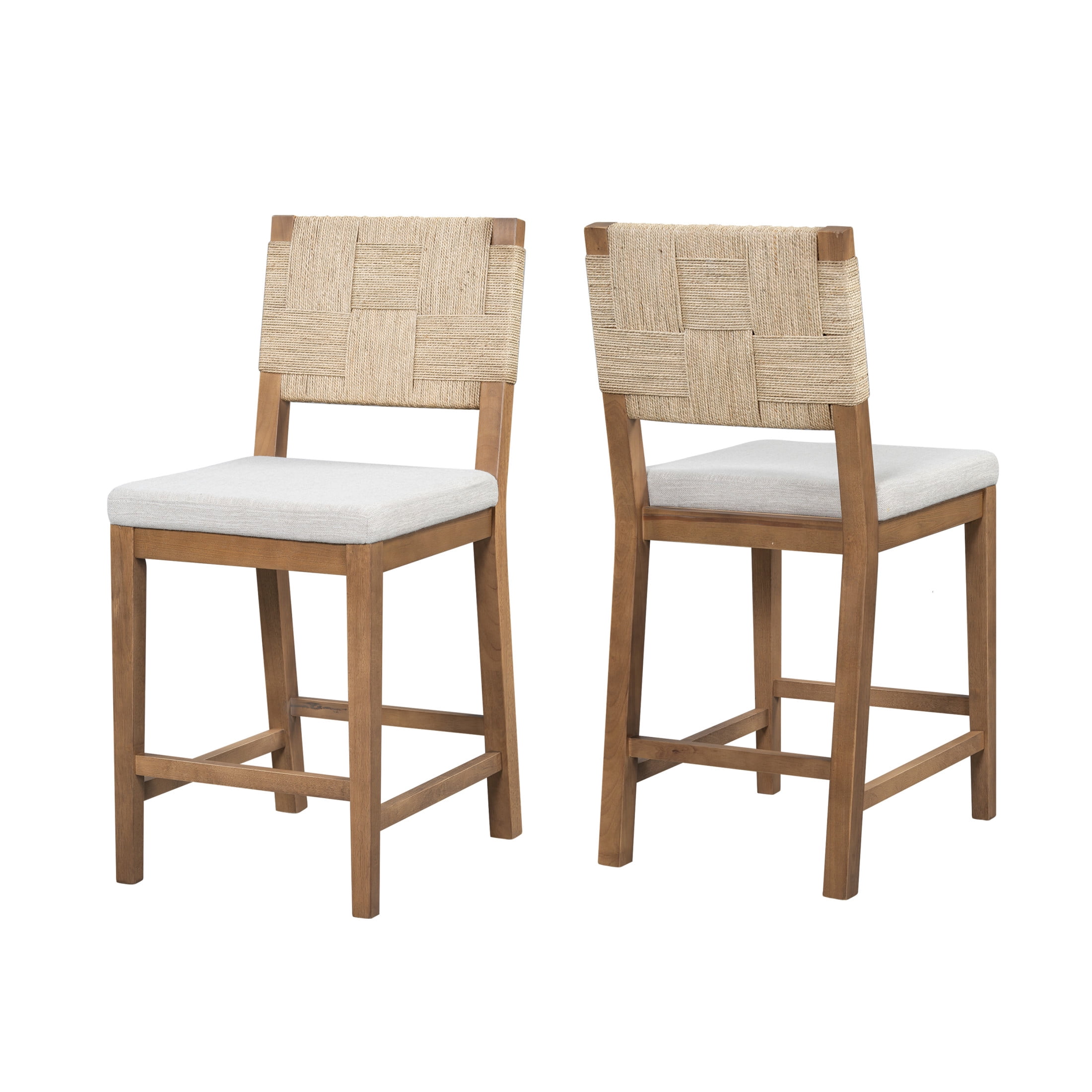Christopher Knight Home 24.25" Counter Height Bar Stools, Wood Frame, Woven Rattan Back, Brown+Gray, Set of 2