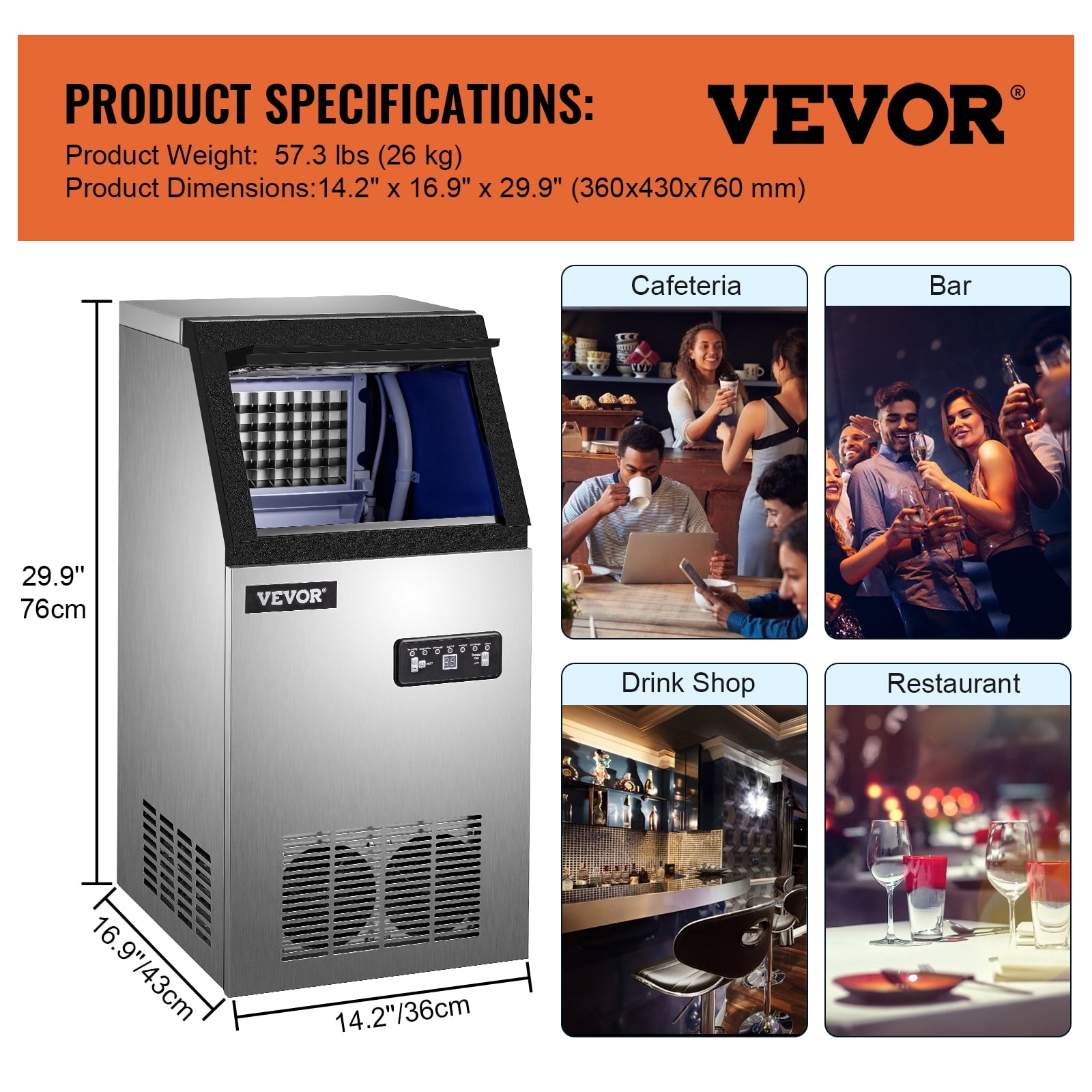 KFFKFF 110V Commercial Ice Maker 120lbs/24h with 29lbs Storage 5x9 Cubes Stainless Steel Auto Clean for Bar Home Supermarkets Includes Scoop and Connection Hose