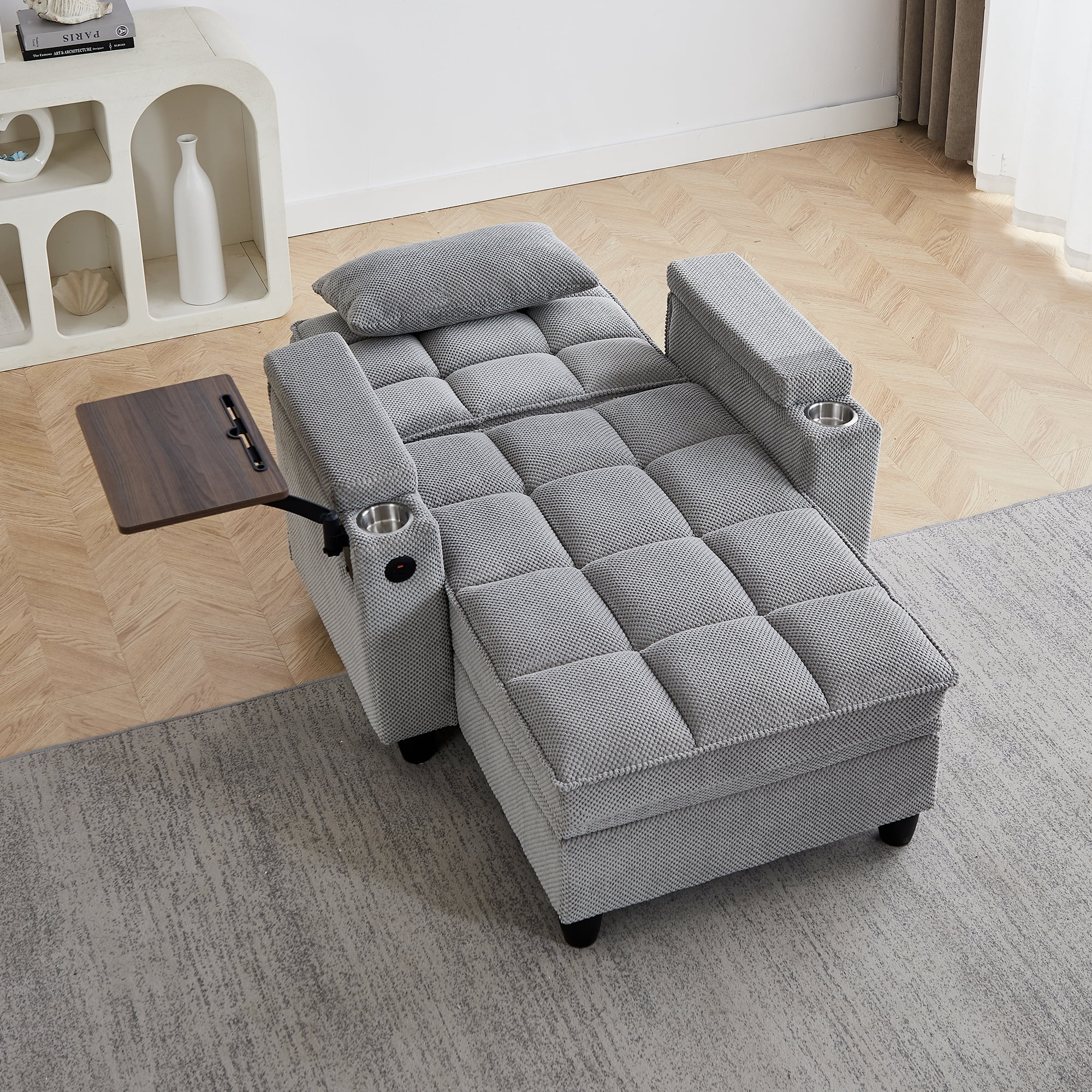 Gewnee 3-in-1 Convertible Sleeper Chair, Pull Out Single Sofa Bed with Adjustable Backrest, 360° Swivel Side Table, USB Charging Ports & Cup Holders, Ideal for Dorms & Offices, Light Gray