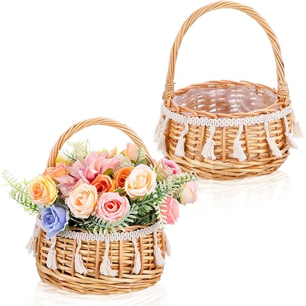 wonima44 2 Pack Boho Flower Girl Baskets, Small Wicker Basket with Handle - Basket for Flowers, Handwoven Willow Rattan Decorative Baskets for Wedding, Home Decor, Gifts (8.66 x 6.29 x 6.29 Inches)