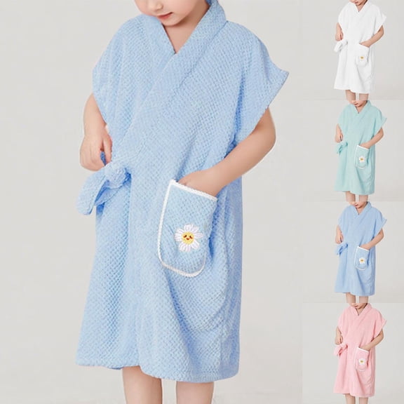 Swuxness Toddler Fleece Long Sleeve Robes, Long Casual Robes, Kids Print Wearable Absorbent Cozy Post Swim Cover Up and Changing Bathrobe with Side Pockets Pink, 1-5 Years