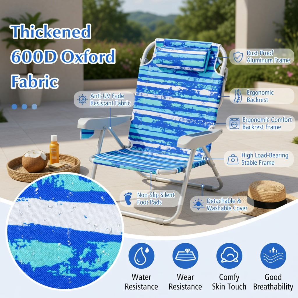 Hommoo Foldable Beach Chair with Cup Holder & Storage Pockets, Lightweight Aluminum Frame, Adjustable Backrest, Navy