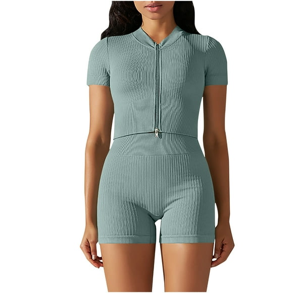 Yuyuzo Workout Outfits for Women Short Sleeve Zip up Seamless Crop Top and Shorts Gym Clothes