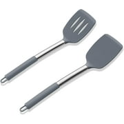 Silicone Spatula Set of 2, E-far Solid & Slotted Turner for Nonstick Cookware, Heat Resistant Rubber Kitchen Cooking Utensils for Flipping Fish Pancake Egg - Grey