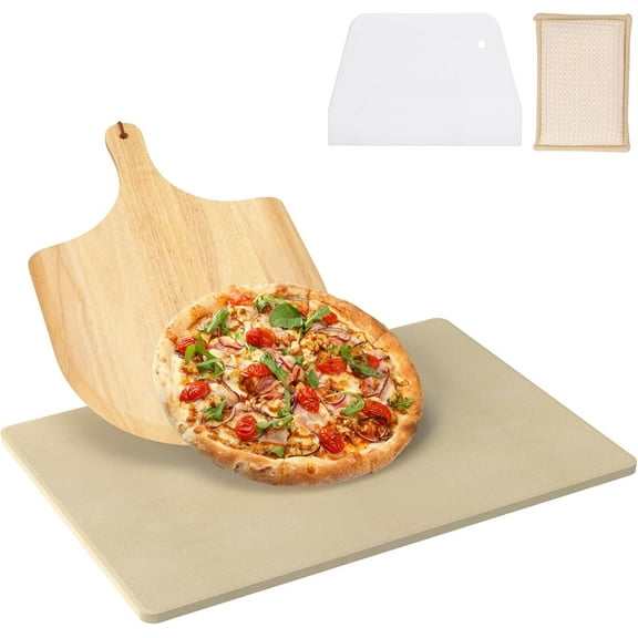 ZALIX Universal Extra Large Pizza Stone for Oven Grilling, 22" x 14" Natural Cordierite Rectangular Baking Stone Pizza Making Accessories with Wood Pizza Peel Plastic Scraper for Baking Bread