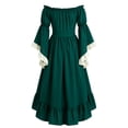 thumbnail image 4 of Women off Shoulder Renaissance Medieval Dress, Bell Long Sleeve Lace Up Corset Maxi Gown, Gothic Witch Cosplay Costume for Halloween Party Renaissance Fair Vintage themed Event Green S(S), 4 of 5