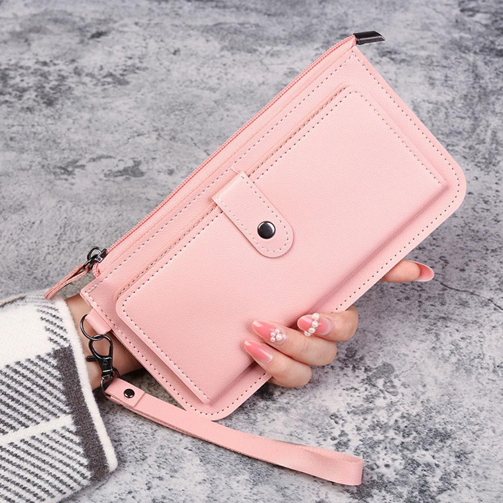 Fashion Women Long Wallet, PU Leather Card Holder Purse, Bifold Ladies  Clutch Zipper Buckle Handbag, Multifunctional Organizer Pink 