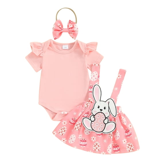 Baby Girl Easter Outfit Bunny Ruffle Short Sleeve Shirt  one-piece  Suspender Skirt Overall Dress Newborn Easter Clothes Headband