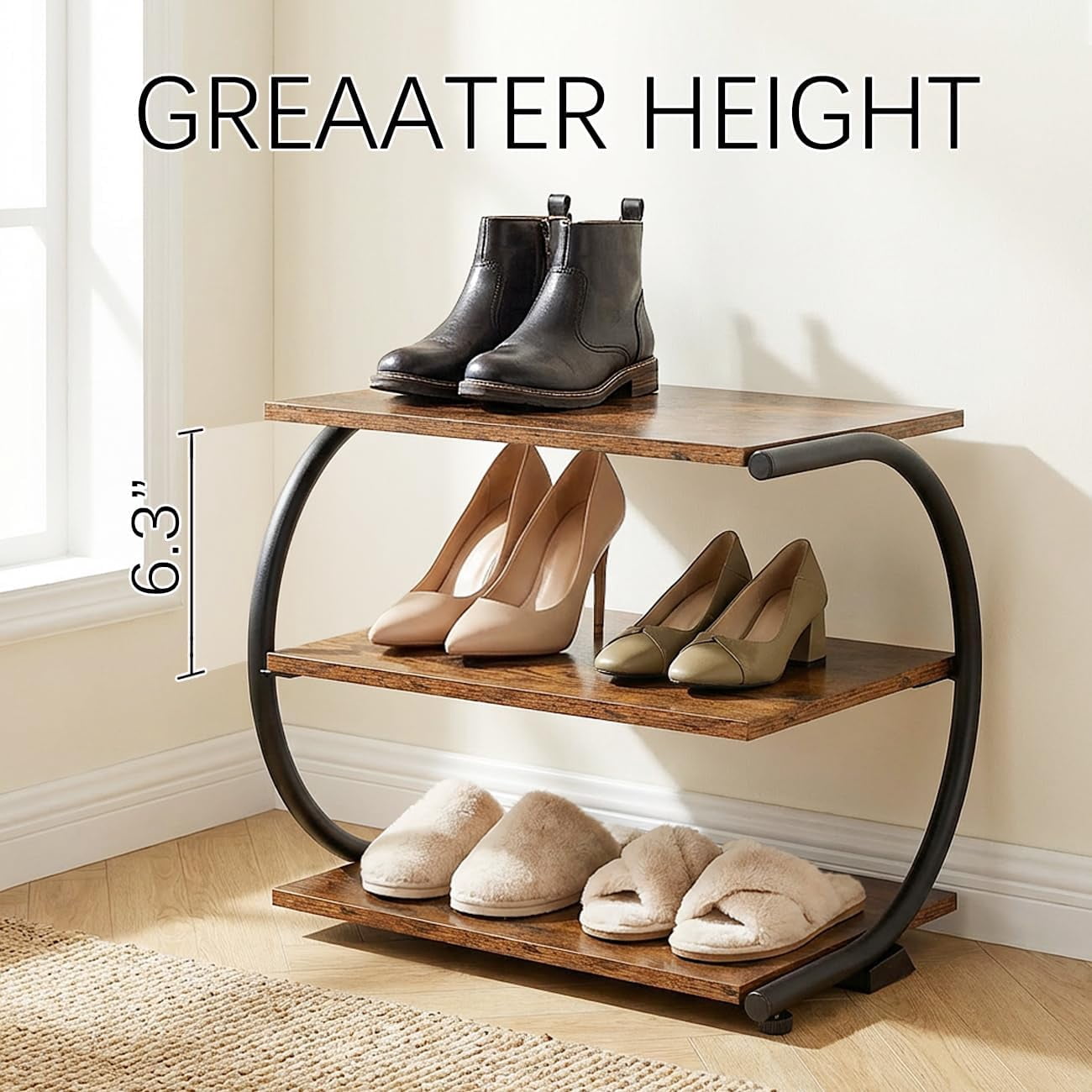 3-Tier Shoe Rack with Metal Frame & Adjustable Feet - Compact Organizer for Entryway, Closet, Hallway (Holds 11 lbs/Shelf)