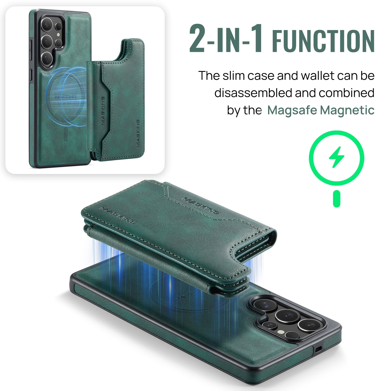 Designed for Samsung Galaxy S24 Ultra Wallet Phone Case,Magnetic Detachable Flip Card Holder,Back Flip Kickstand,Compatible with Mag-Safe,2-in-1 PU Leather Heavy Duty Shockproof Phone Case,Green