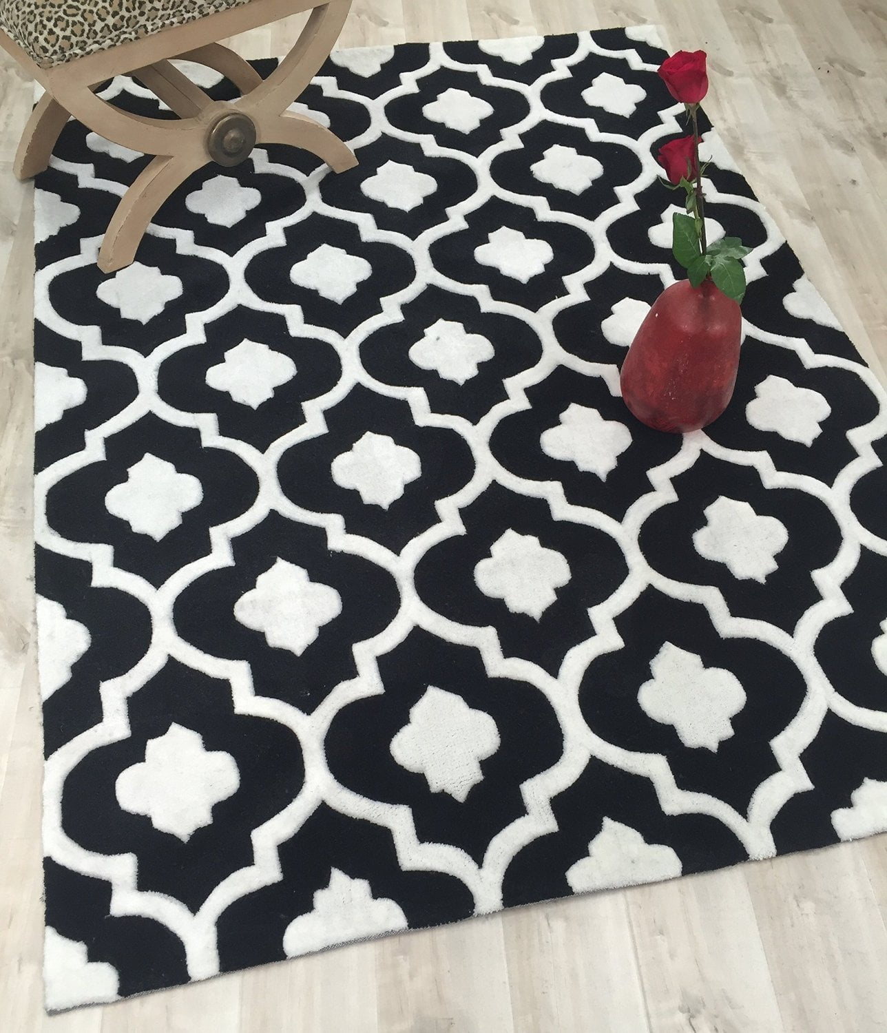 HR BLACK AND WHITE MOROCCAN TRELLIS STYLE GEOMETRIC MODERN AREA RUG