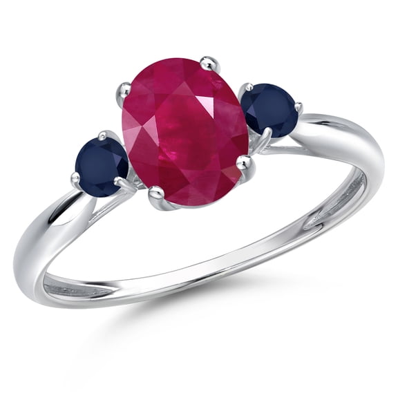 Gem Stone King 10K White Gold Red Ruby and Blue Sapphire 3-Stone Ring for Women | 1.90 Cttw | Oval 8X6MM | Gemstone July Birthstone | Size 9