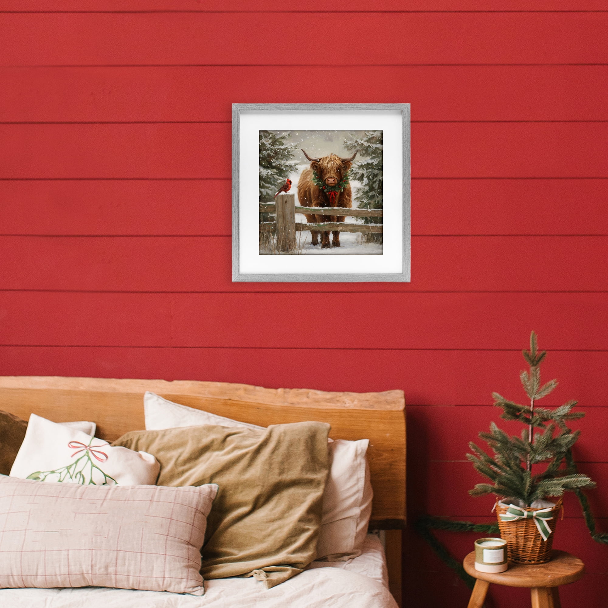 Stupell Industries Christmas Cow & Cardinal Gray Framed Print Under Glass, design by Tina LeCour
