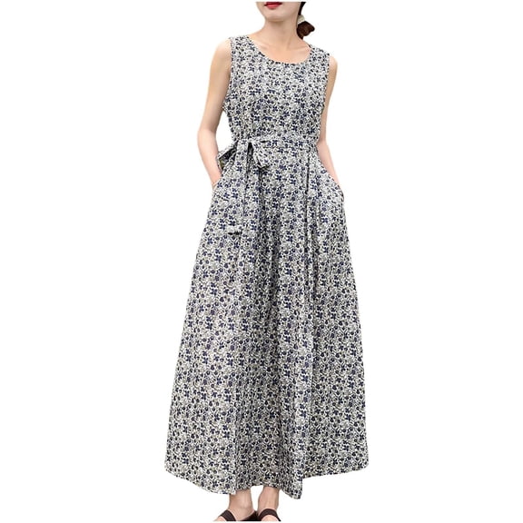 Women’s Sleeveless Floral Maxi Dress Summer Casual Boho Long Sundress with Pockets Beach Flowing Dresses