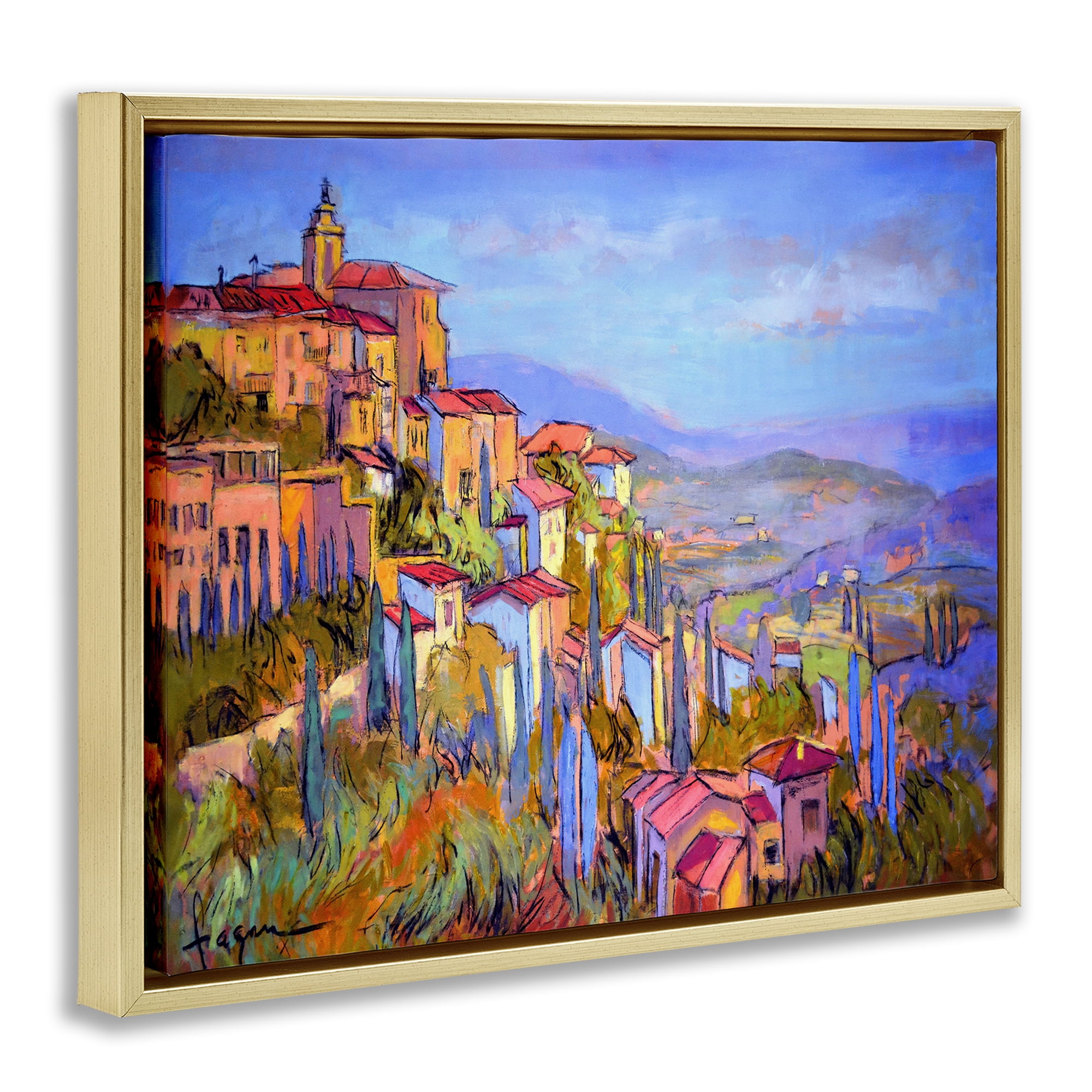 Stupell Industries Blue Shadowed Cityscape Landscape & Nature Painting Gold Floater Framed Canvas Art Print Wall Art, 21 x 17