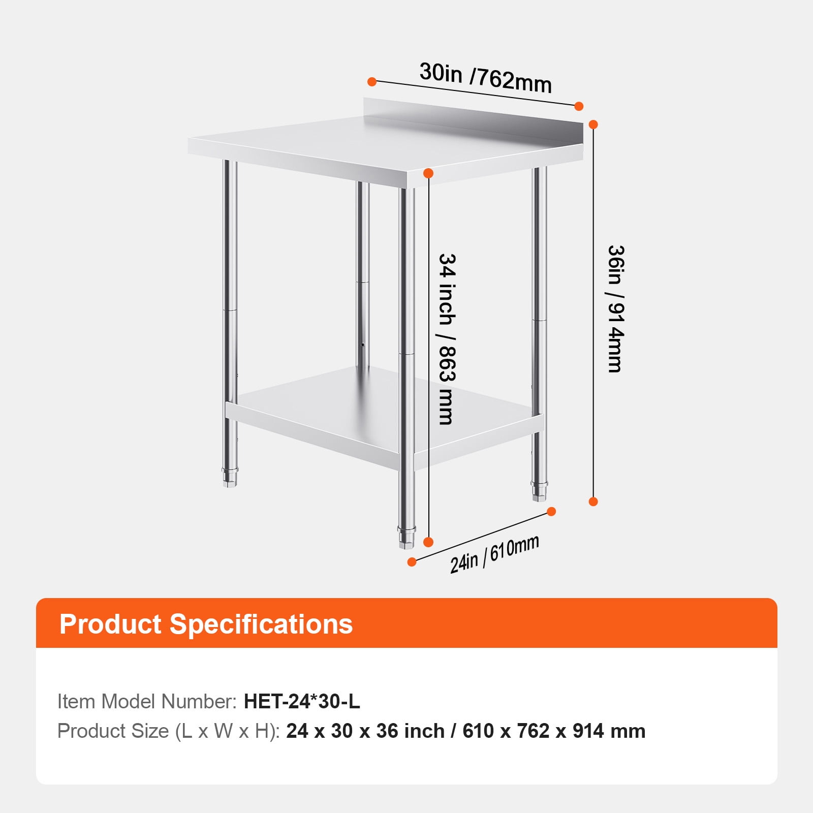KFFKFF 24 x 30 x 36 Inch Stainless Steel Work Table, Durable Food Prep Table with Adjustable Height, Metal Workstation for Kitchens, Restaurants, and Hospitality Settings