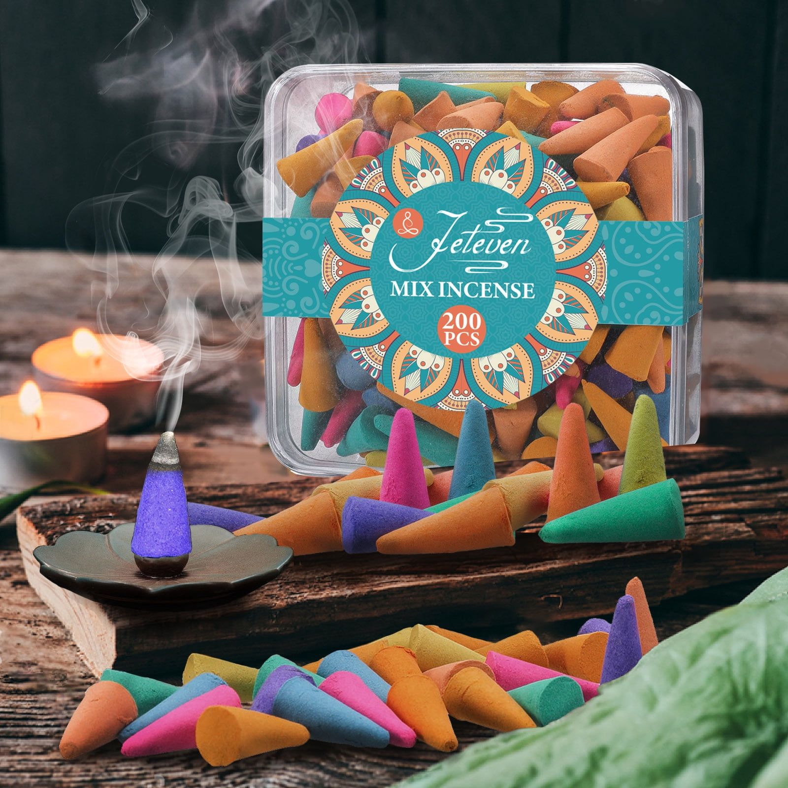 BSHAPPLUS 200PCS Traditional Incense Cones,Incense Cones Assorted,Incense Holder Cones,Incense Burner Cones,Solid Bullet Cone Mixed 8 Flavors Lavender Rose Jasmine Osmanthus Sage Sandalwood