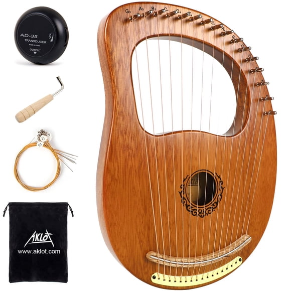 Lyre Harp, AKLOT 16 Metal Strings Maple Saddle Mahogany Body Lyra Harp with Carved Note Tuning Wrench Pick up Strings and Black G