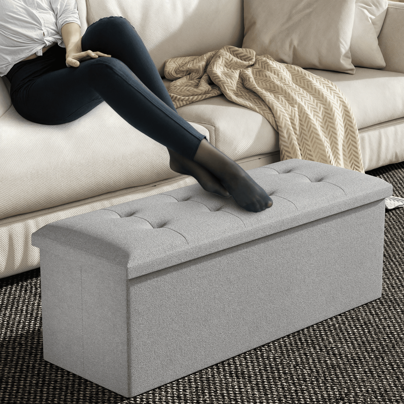 MoNiBloom 43" Collapsible Ottoman with Storage, Cotton-linen Storage Ottoman Bench, Modern Storage Footstool for Living Room Bedroom Entryway, Light Gray