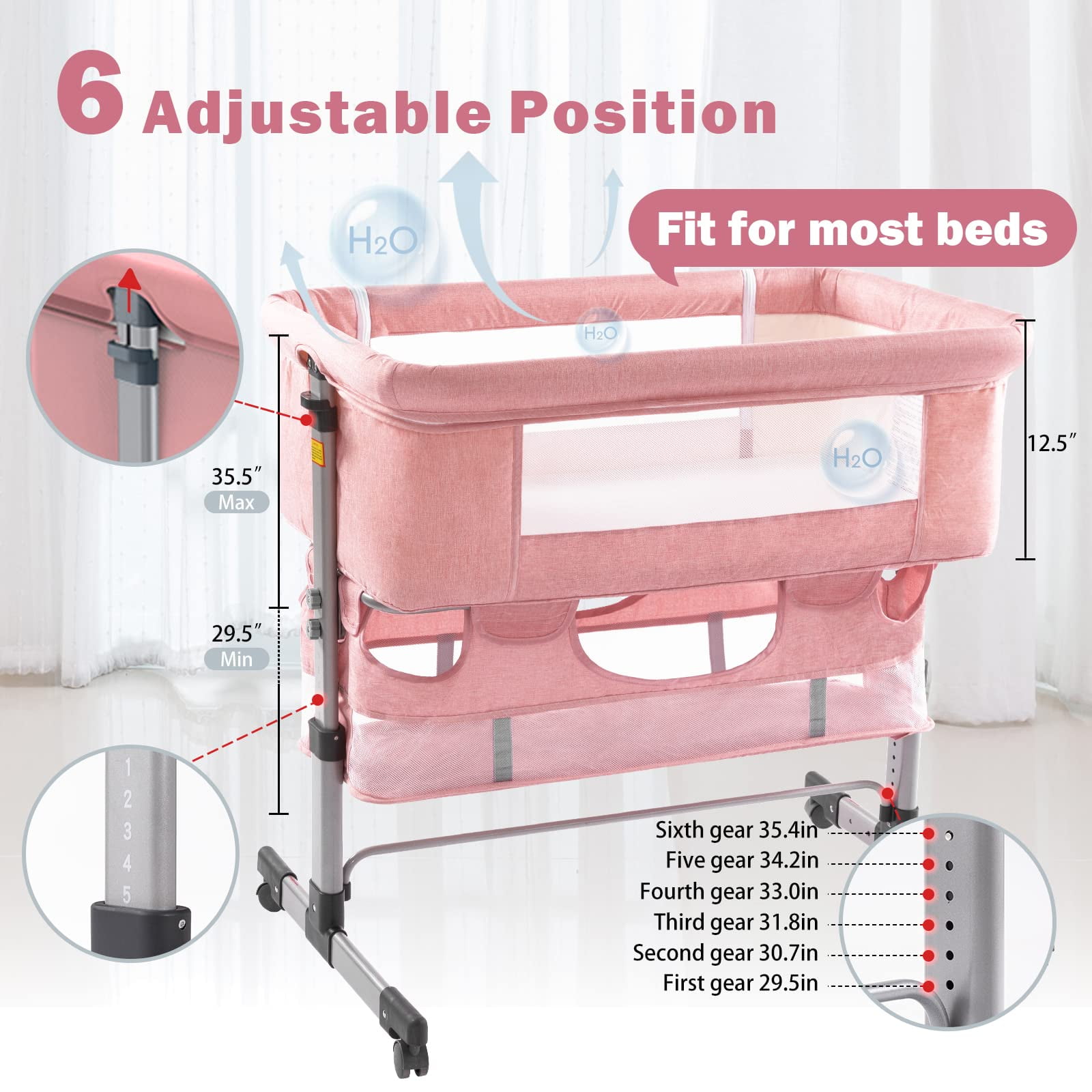 NEWLAKE 3 in 1 Bassinet for Baby, Height Adjustable Bedside Sleeper for Newborn Infant/Baby Boy/Baby Girl (Pink)