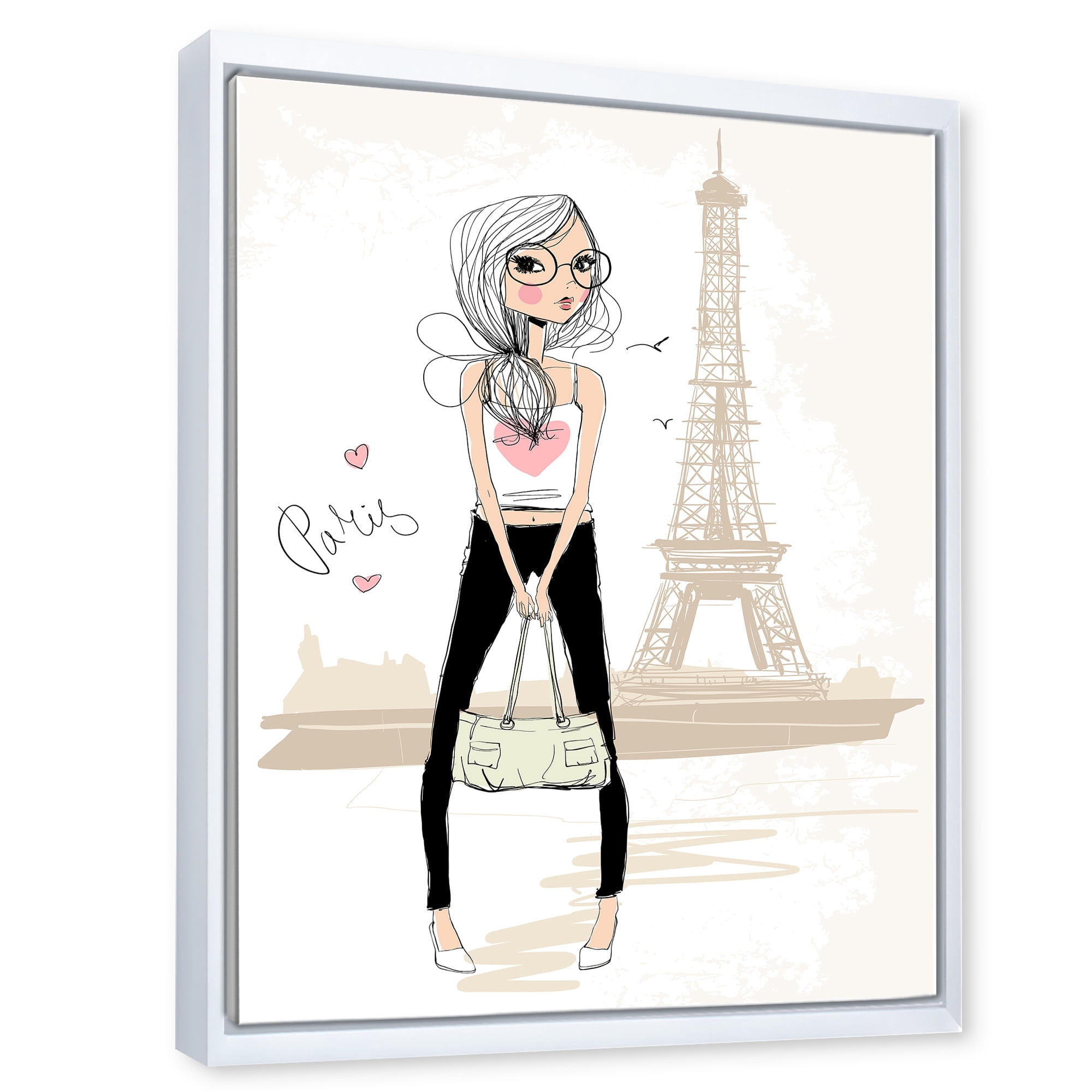 Designart 'Cute Girl By The Tour Paris Eiffel Tower' Children's Art Framed Canvas Wall Art Print