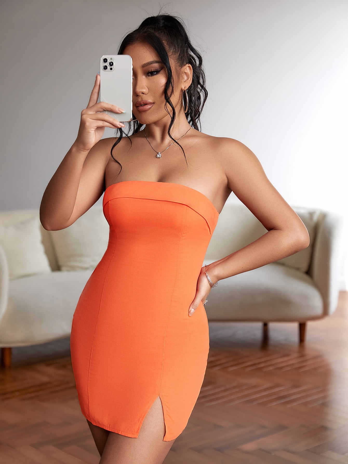 Women's Split Hem Zip Back Tube Dress 