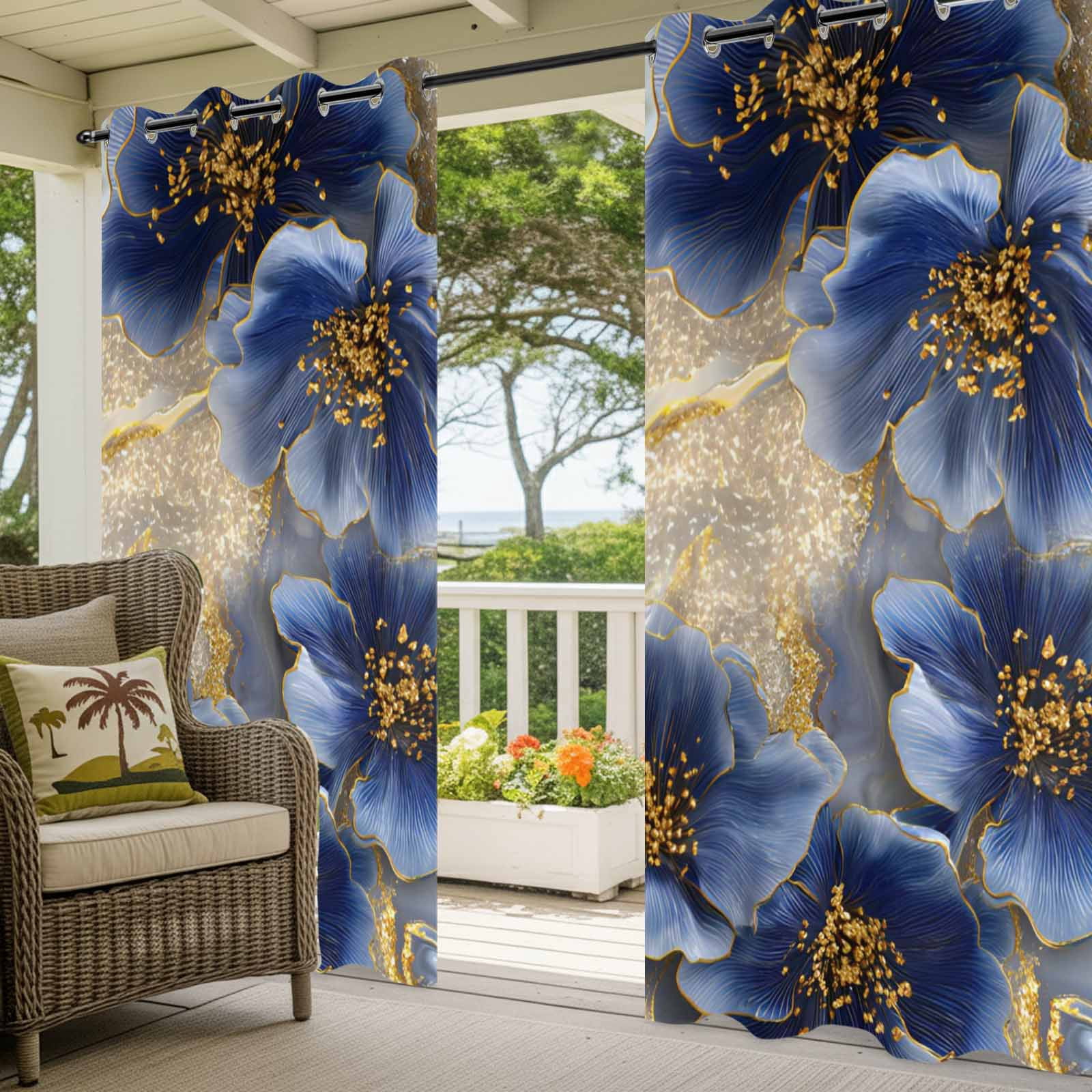 Dark Blue Flowers Outdoor Curtains for Patio, Romantic Dark Blue Floral Gold Marble Sunshade Privacy Drapes Grommet Waterproof Outside Curtains for Porch/Cabana/Balcony 54"x 108", 1 Panel