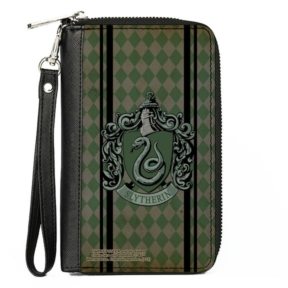 The Wizarding World of Harry Potter Wallet, Zip Around, Slytherin Crest Stripes Diamonds Greens Black, Vegan Leather