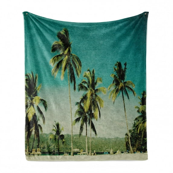 Palm Soft Flannel Fleece Throw Blanket, Retro Summer Inspired Grunge Landscape Image with Tall Trees and Ombre Effect Sky, Cozy Plush for Indoor and Outdoor Use, 50" x 60", Multicolor, by Ambesonne