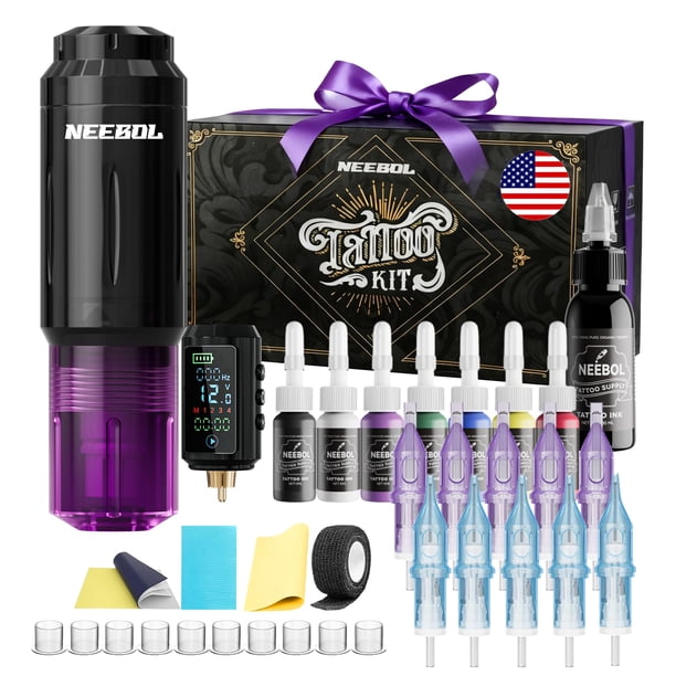 Kit de máquina de tatuar inalámbrica Neebol con batería de 1600 mAh y set de tintas