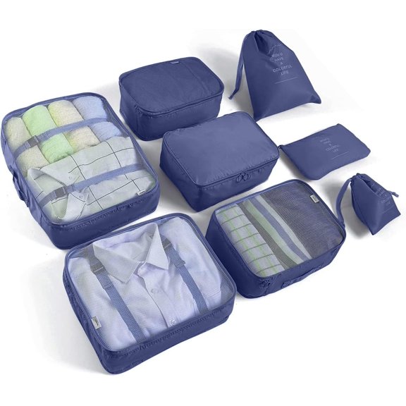 6/8 Set Packing Cubes for Suitcases Travel Luggage Packing Organizers,Travel Accessories Essentials Luggage Organizer with Shoe/Tioletry/Laundry Bag (Dark Blue, 8 set)